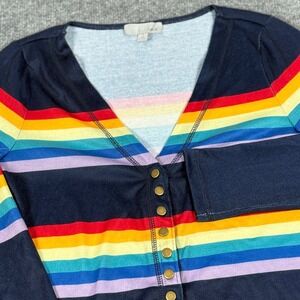 Luuske Small Rainbow Stripe Snap Button Up Cardigan Knit Sweater Navy Blue Pride